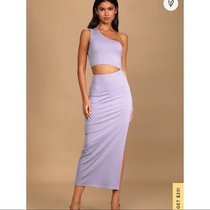 Purple midi dress with slit and cut out detail
